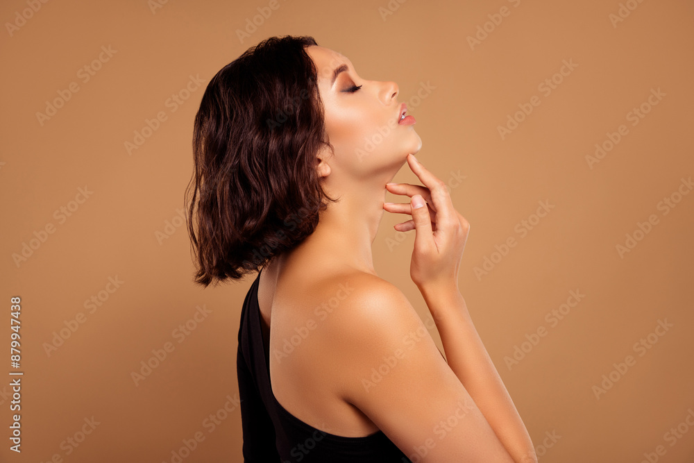 Photo of charming seductive lady wear off shoulder bodysuit enjoy lifting procedures isolated beige color background