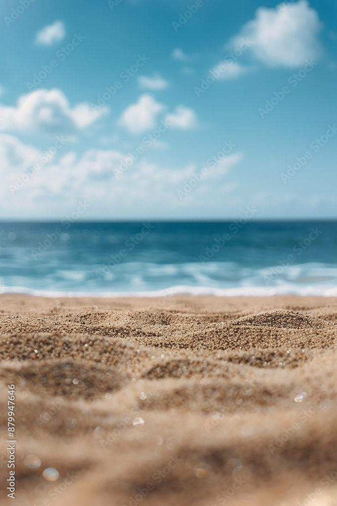 A close-up view of a sandy beach with the ocean in the background, blue sky and clouds. The image has a tranquil and relaxing vibe, perfect for summer themes. A close-up view of a sandy beach with the ocean in the background, blue sky and clouds. The image has a tranquil and relaxing vibe, perfect for summer themes.