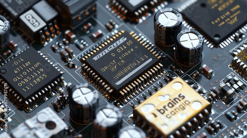 Tiny computer chips packed on a circuit board form the 