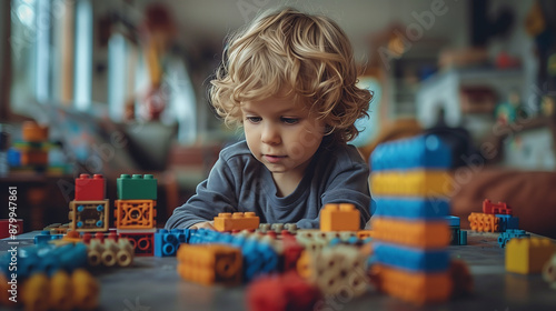 little boy with curly blonde hair is playing LEGO on the table, colorful blocks of different sizes arranged in lines and shapes, playing in his room