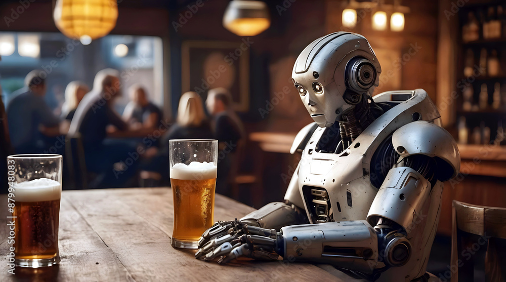 Sad looking lonely robot android drinking pint of beer in pub, ai concept, artificial intelligence background, cinematic