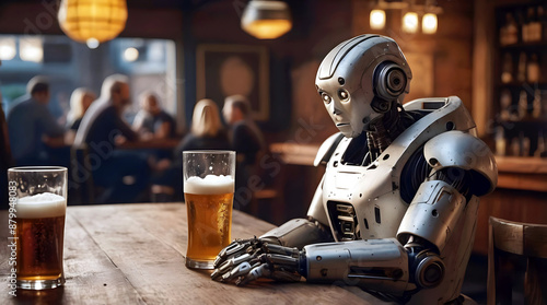 Obraz na płótnie Sad looking lonely robot android drinking pint of beer in pub, ai concept, artificial intelligence background, cinematic w salonie