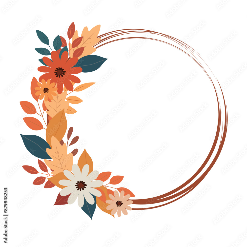 Naklejka premium Round frame with orange and yellow autumn leaves and flowers.