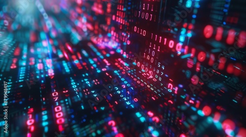 A digital matrix with streaming lights and binary codes portrays data flow and technology advancements