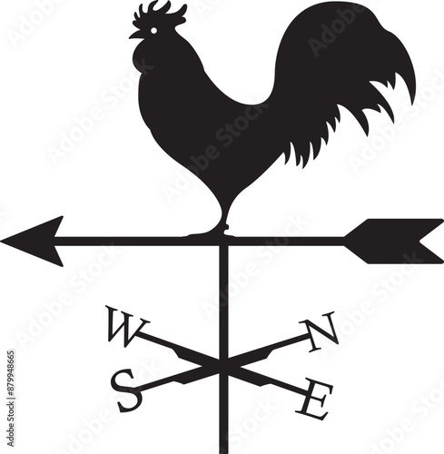 Rooster weathervane vector art with arrow and compass.