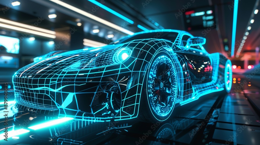 Futuristic design of modern car technology featuring a wireframe frontal intersection with advanced features created with 3D technology. Futuristic design of modern car technology featuring a wireframe frontal intersection with advanced features created with 3D technology.
