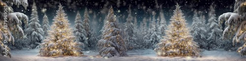 Long Christmas banner. Winter wonderland with shiny lights garland decorated Christmas trees