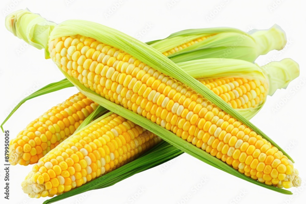 Four corn cobs are shown with their green husks still intact Four corn cobs are shown with their green husks still intact