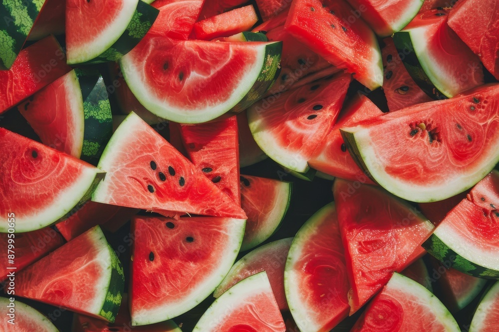 A group of watermelon slices sit on a pink-orange backdrop, with water droplets present. Beautiful simple AI generated image in 4K, unique. A group of watermelon slices sit on a pink-orange backdrop, with water droplets present. Beautiful simple AI generated image in 4K, unique.