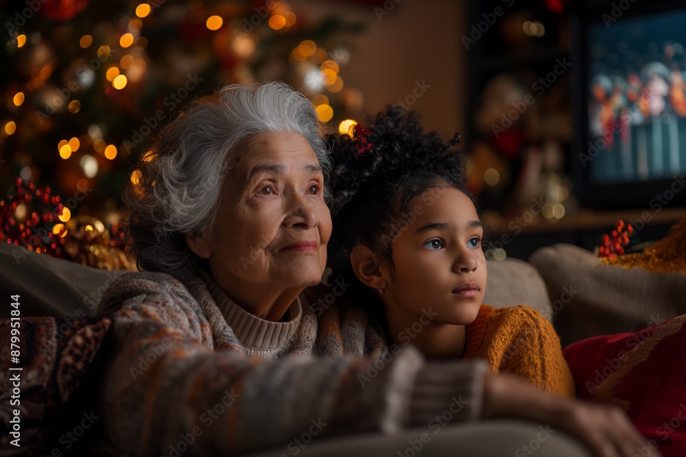 Elderly woman and young girl sitting together and watching TV in a festively decorated living room. Concept of family bonding, holiday celebration, and togetherness Elderly woman and young girl sitting together and watching TV in a festively decorated living room. Concept of family bonding, holiday celebration, and togetherness