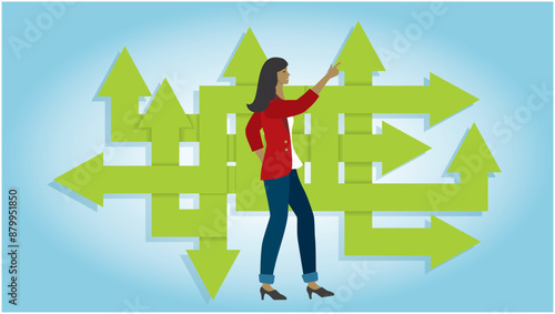 Woman in complicated choice in crossroads. Dimension 16:9. Vector illustration.