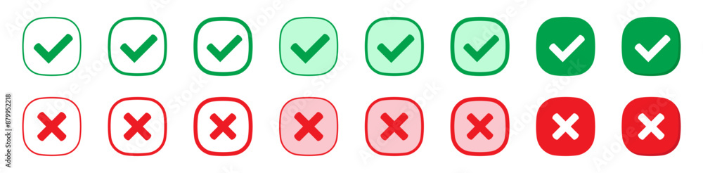 Right or wrong icons. Green tick and red cross checkmarks. Yes or no symbol, approved or rejected icon for user interface. Right or wrong icons. Green tick and red cross checkmarks. Yes or no symbol, approved or rejected icon for user interface.
