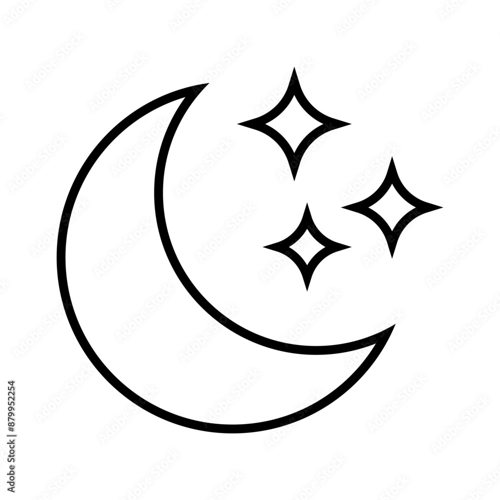 Crescent moon with stars icon on white background. Night icon. Crescent moon icon. Minimalist style. Crescent moon with stars icon on white background. Night icon. Crescent moon icon. Minimalist style.
