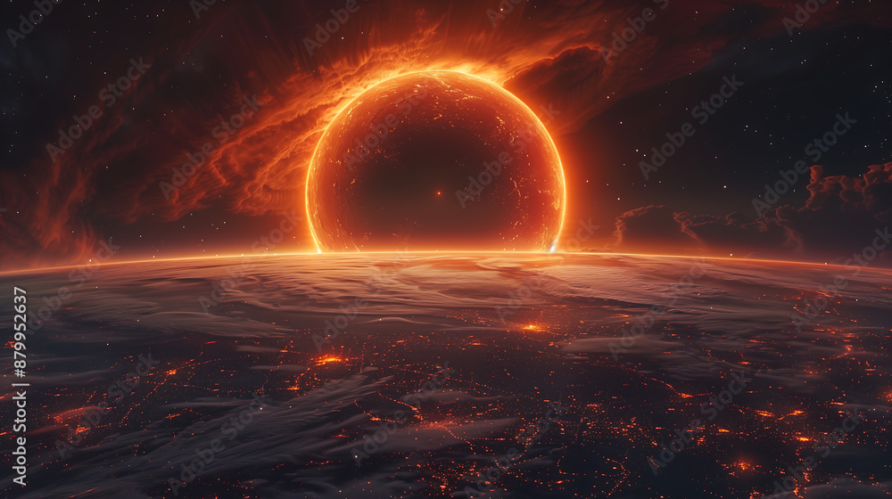massive orange sun with an eclipse on the horizon of Earth, in the fantasy art style, cinematic, dark and moody massive orange sun with an eclipse on the horizon of Earth, in the fantasy art style, cinematic, dark and moody