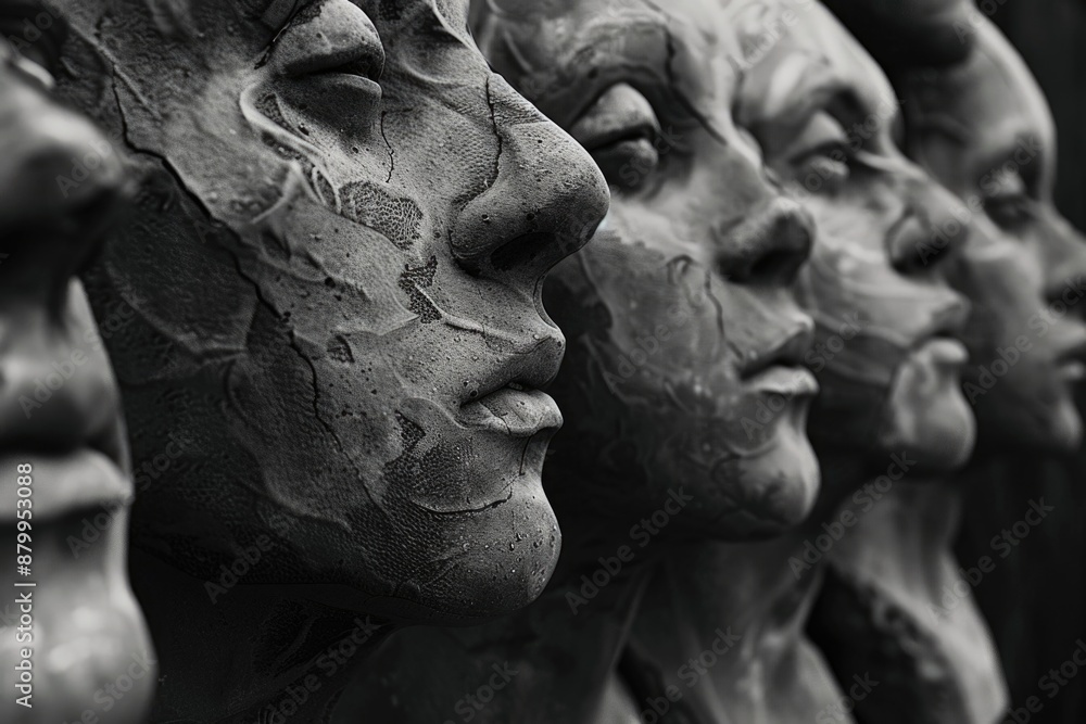 Group of faces made of stone or clay Group of faces made of stone or clay