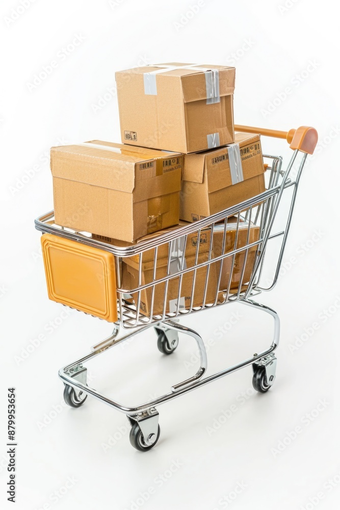 Shopping cart is full of boxes and has yellow sticker on bottom Shopping cart is full of boxes and has yellow sticker on bottom