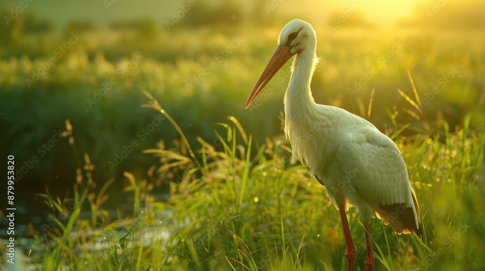 White bird with long beak stands in field of tall grass White bird with long beak stands in field of tall grass