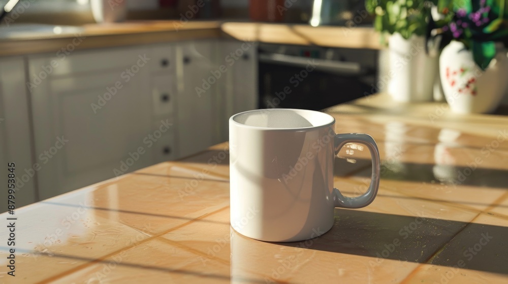 White coffee mug sits on countertop in kitchen White coffee mug sits on countertop in kitchen