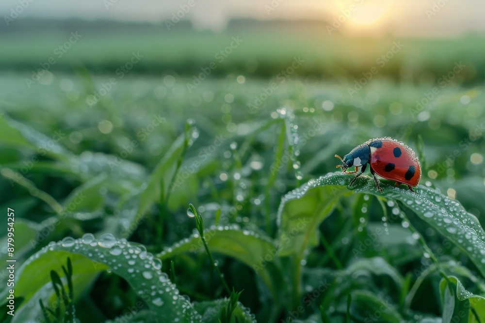 Fototapeta premium Ladybug on a dew-covered leaf, macro shot, morning light.. Beautiful simple AI generated image in 4K, unique.