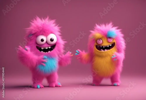 monster character olated cute cartoon transparent render dancing colorful style pink furry background 3d collection waving caricature android clip art advertisement isolated comic happy