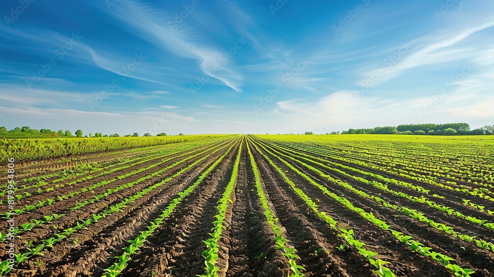 Harvest Ready: Lush Rows of Newly Planted Crops Under Clear Blue Skies in Vast Field Harvest Ready: Lush Rows of Newly Planted Crops Under Clear Blue Skies in Vast Field
