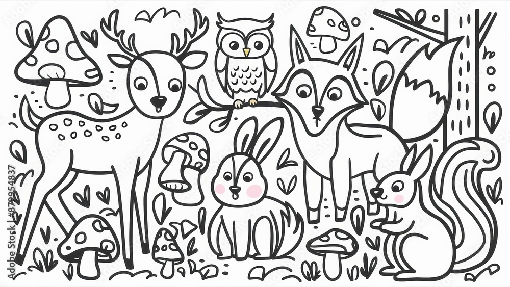 A coloring page with a deer, owl and rabbit, AI A coloring page with a deer, owl and rabbit, AI