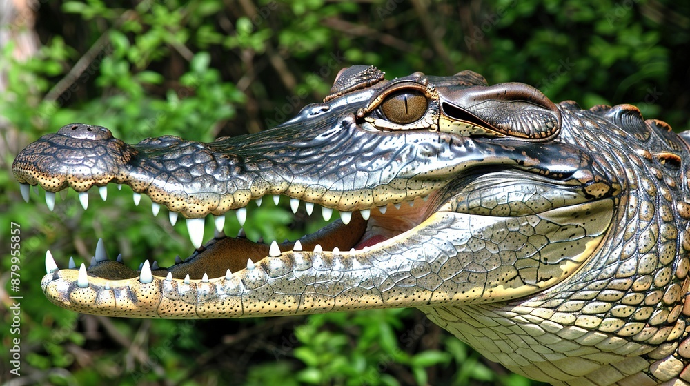 Fototapeta premium A tight shot of an alligator's head with its mouth agape and teeth fully displayed, surrounded by trees
