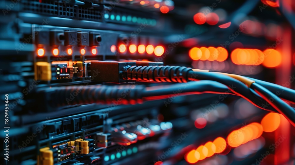 Network Switch Connected with Ethernet Cables in Macro Shot at Server Room Network Switch Connected with Ethernet Cables in Macro Shot at Server Room