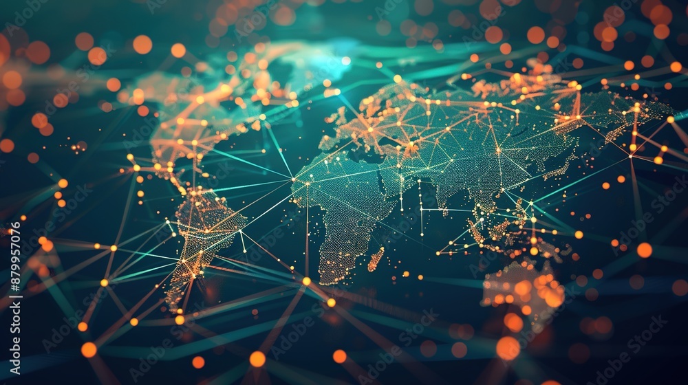 Fototapeta premium Global Digital Connectivity: World Map with Illuminated Network Lines and City Dots