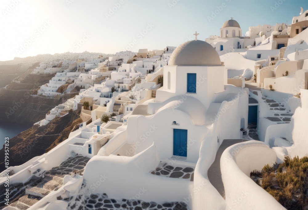 Naklejka premium honeymoon travel greece santorini oia summer land village mediterranean architecture landmark greek holiday