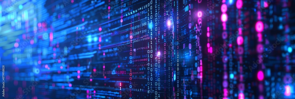 A digital matrix with streaming lights and binary codes portrays data flow and technology advancements A digital matrix with streaming lights and binary codes portrays data flow and technology advancements