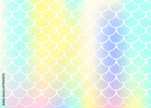 Gradient mermaid background with holographic scales. Bright color transitions. Fish tail banner and invitation. Underwater and sea pattern for girlie party. Futuristic backdrop with gradient mermaid.