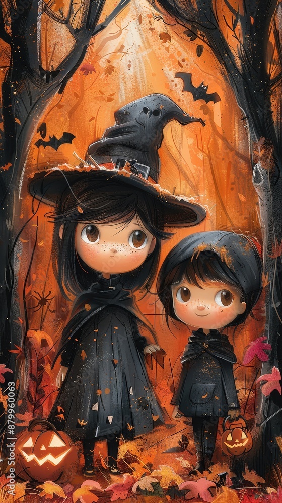 Adorable illustration of two children in witch costumes, surrounded by autumn leaves, pumpkins, and bats in a spooky forest. Adorable illustration of two children in witch costumes, surrounded by autumn leaves, pumpkins, and bats in a spooky forest.