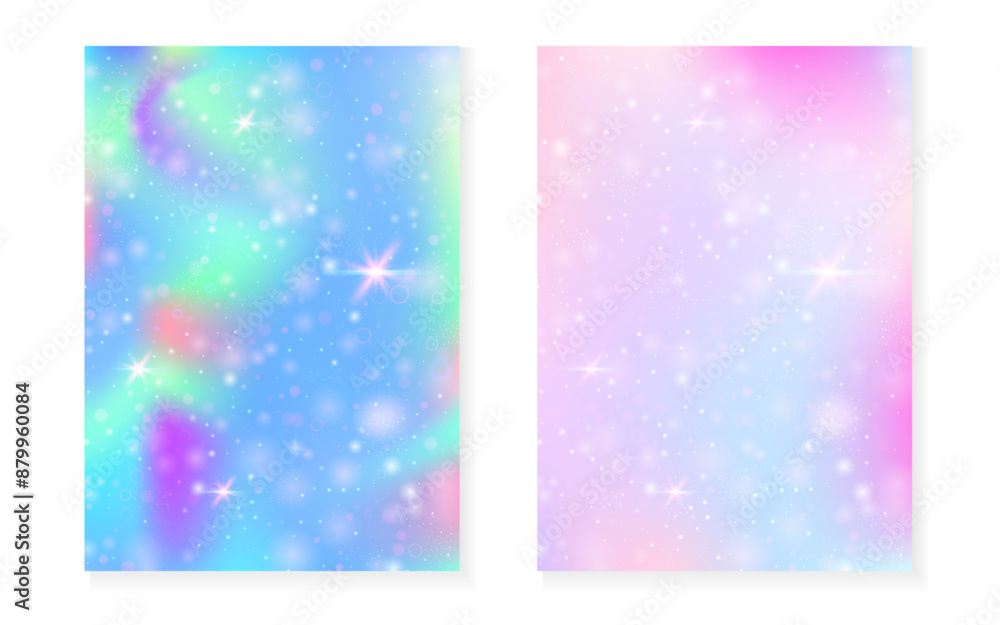 Unicorn background with kawaii magic gradient. Princess rainbow hologram. Holographic fairy set. Fluorescent fantasy cover. Unicorn background with sparkles and stars for cute girl party invitation. Unicorn background with kawaii magic gradient. Princess rainbow hologram. Holographic fairy set. Fluorescent fantasy cover. Unicorn background with sparkles and stars for cute girl party invitation.