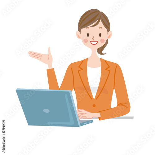 パソコンを使う若い女性のイラスト　オフィス　新人社員