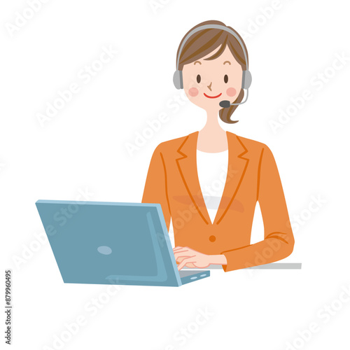 コールセンターの女性のイラスト　サポートセンターの女性　オペレーター　ヘッドセット　受付