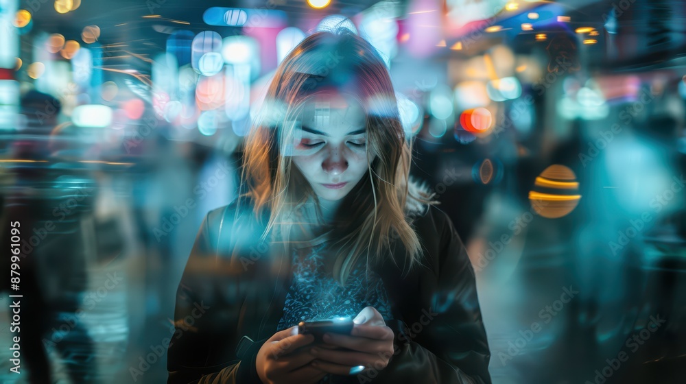 A young woman immersed in her smartphone A young woman immersed in her smartphone