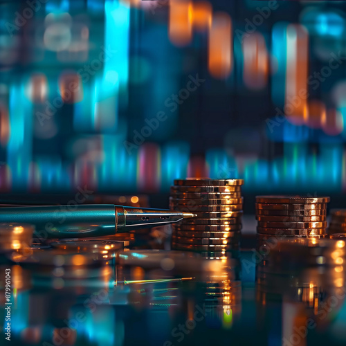 Economy and finance background, money coins, pen and stocks market graphs, money coins , pen and stocks market graphs, allegory of finance, in the future