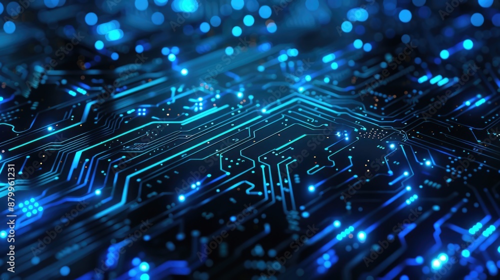 A close-up shot of a circuit board with blue lights, suitable for technology and electronics-related uses A close-up shot of a circuit board with blue lights, suitable for technology and electronics-related uses