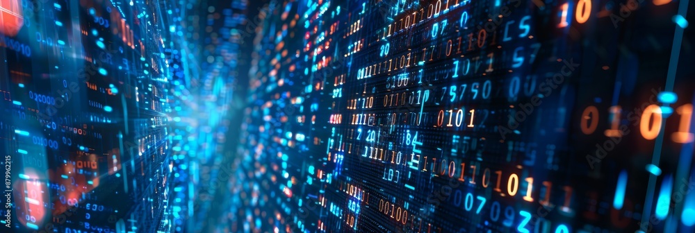 Fototapeta premium A digital matrix with streaming lights and binary codes portrays data flow and technology advancements