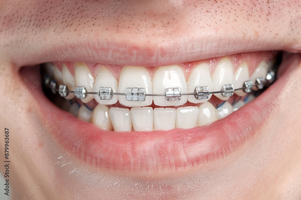 Obraz premium A young girl smiles and shows her crooked teeth. Mouth close-up.. Beautiful simple AI generated image in 4K, unique.