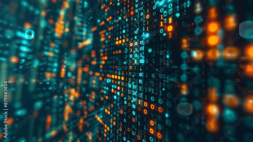 A digital matrix with streaming lights and binary codes portrays data flow and technology advancements A digital matrix with streaming lights and binary codes portrays data flow and technology advancements