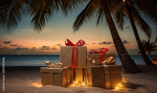 Christmas gifts by the sea on the beach resort with palm trees and gift boxes conceptual background for Christmas