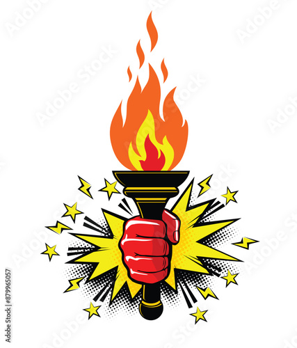 Burning torch with flame in hand. Symbols of olympic games, relay race, competition victory, champion or winner. Vector in comic style on transparent background