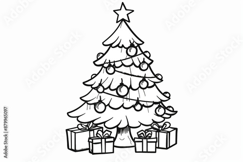 Image of a Christmas tree for coloring, featuring detailed outlines of ornaments and decorations. Perfect for children's activities and holiday fun