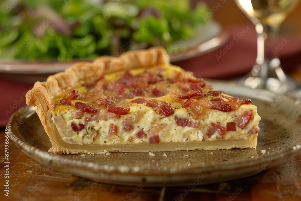 Savory Quiche Lorraine on rustic plate with bacon, cheese, and onions, small salad with fresh greens Savory Quiche Lorraine on rustic plate with bacon, cheese, and onions, small salad with fresh greens