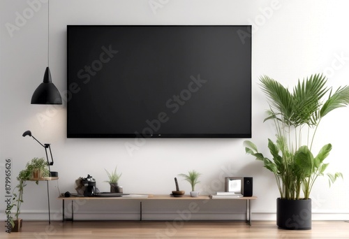 tv stand display realistic mockup black presentation led hd screen plasma illustration  photo