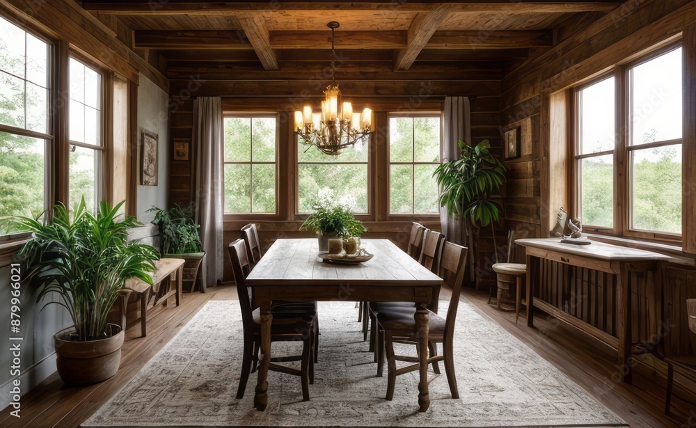Cozy rustic farmhouse dining room with wooden beams, vintage furniture, and potted herbs Cozy rustic farmhouse dining room with wooden beams, vintage furniture, and potted herbs