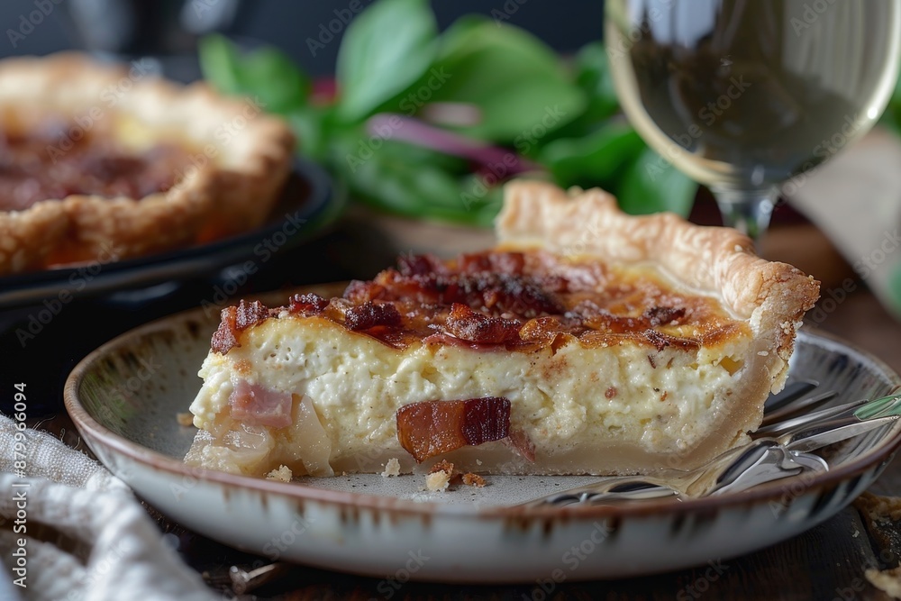 Savory Quiche Lorraine on rustic plate with bacon, cheese, and onions, small salad with fresh greens Savory Quiche Lorraine on rustic plate with bacon, cheese, and onions, small salad with fresh greens