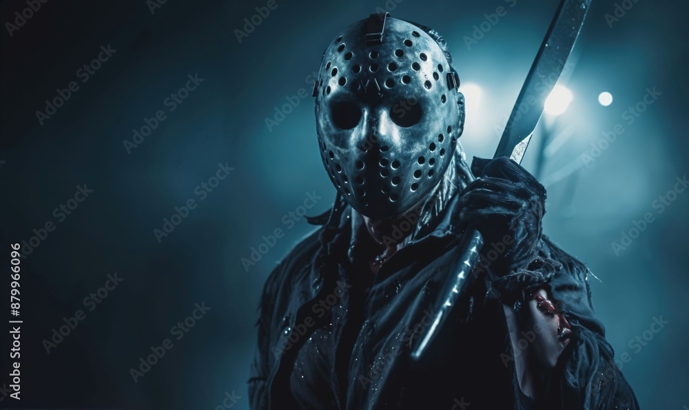 A scary maniac in a hockey mask on a dark background at night, the Halloween concept is gloomy, sinister A scary maniac in a hockey mask on a dark background at night, the Halloween concept is gloomy, sinister